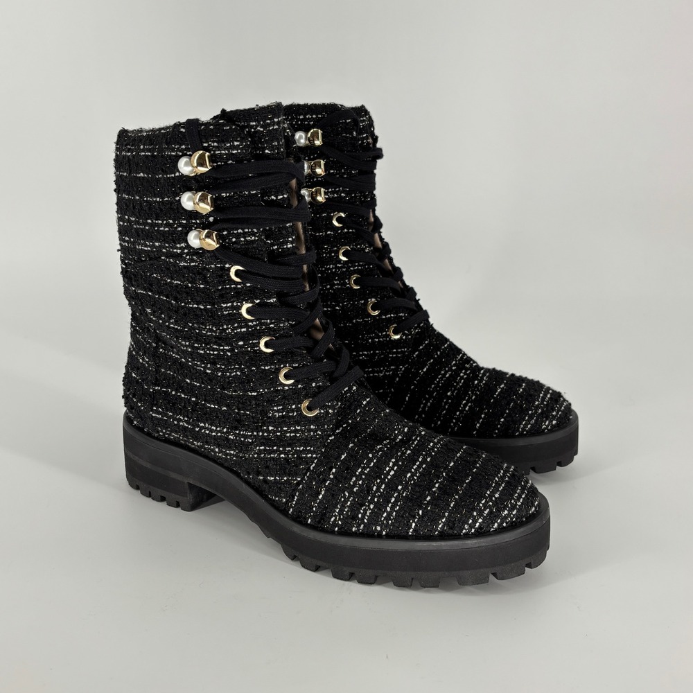 Stuart Weitzman Faux Pearl Embellished Tweed Combat Boots Black Women Size 7